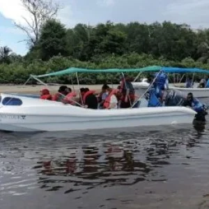 A group of travelers enjoys a scenic boat ride along the Pargo River near San Pedrillo, surrounded by lush greenery and calm waters.